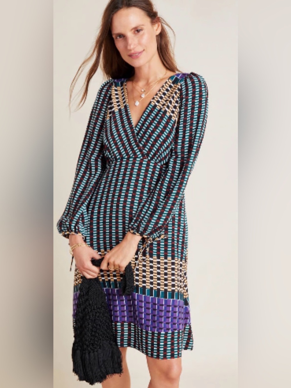 Anthropologie Maeve Multi-color Geometric Patterned Dress Tie Wrist Details SZ 6
